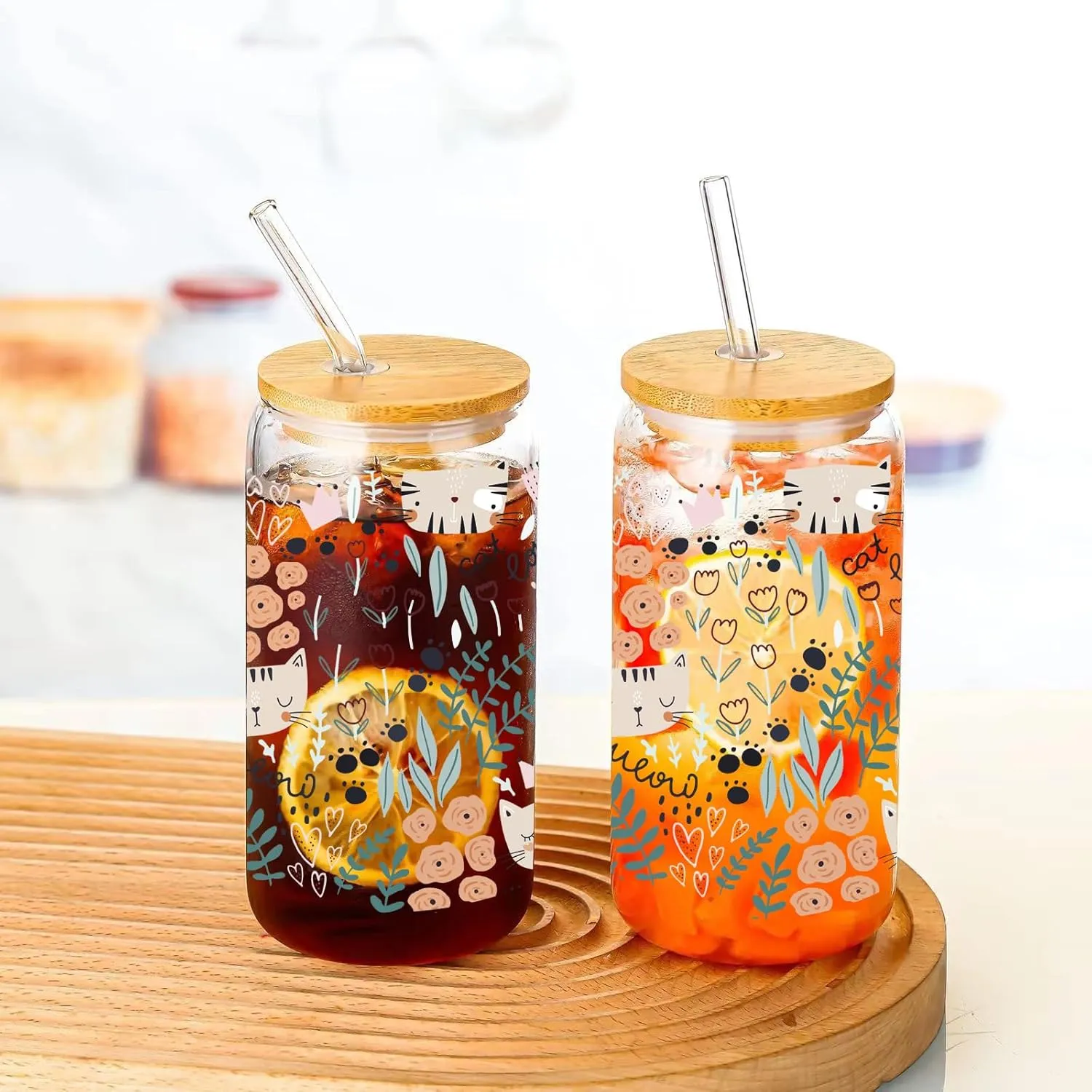 Cat and Floral Drinking Glass Cup 16 Oz with Bamboo Lid and Straws, Iced Coffee Beer Cocktail Glass Tumbler, Holiday Christmas Birthday Gift for Dad Mom Sister Friends Bestie