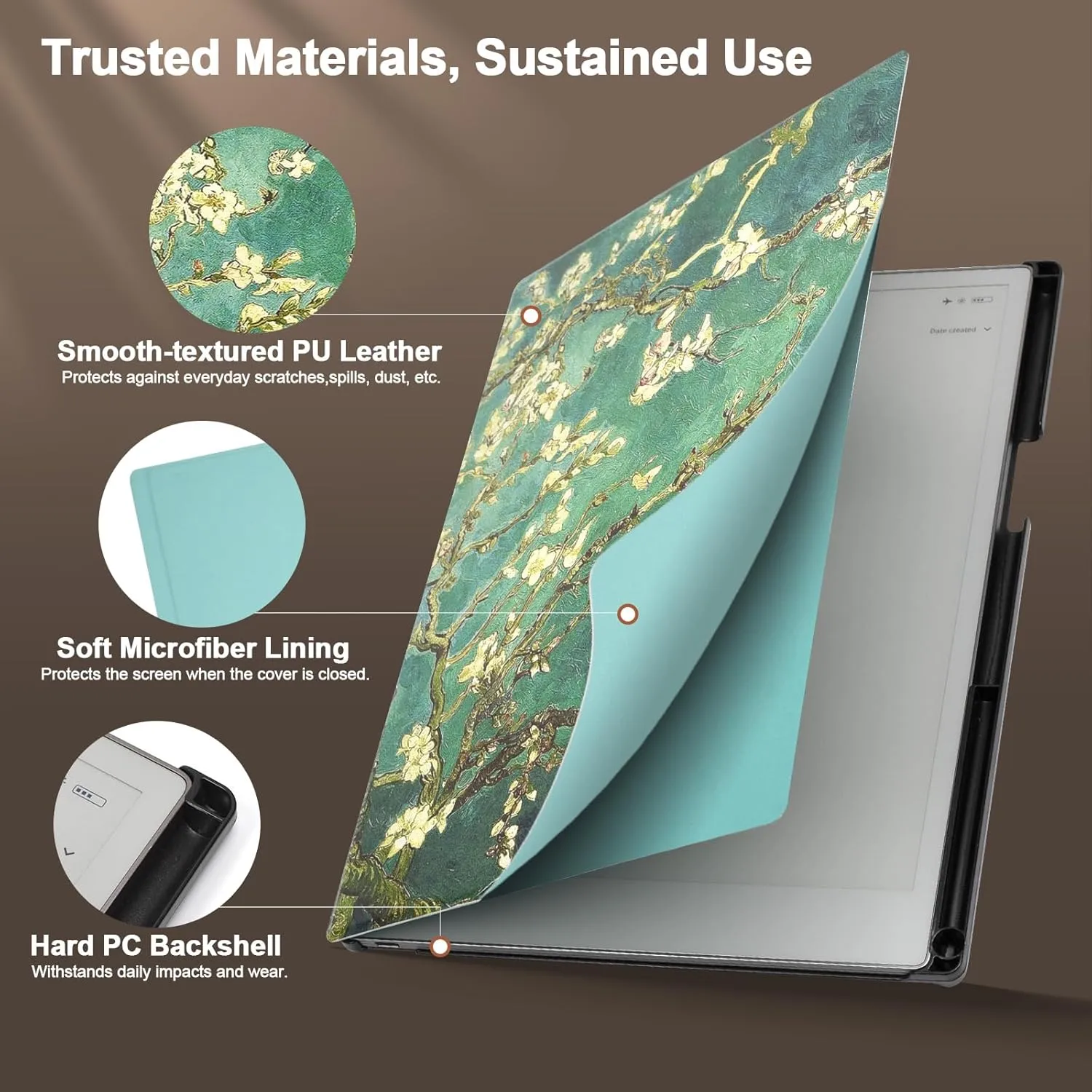 Caweet Case for Remarkable Paper Pro 11.8" 2024, Slim Hard Back Shell Protective Book Folio Cover with Built-in Pen Holder and Auto Wake/Sleep, Almond Blossom