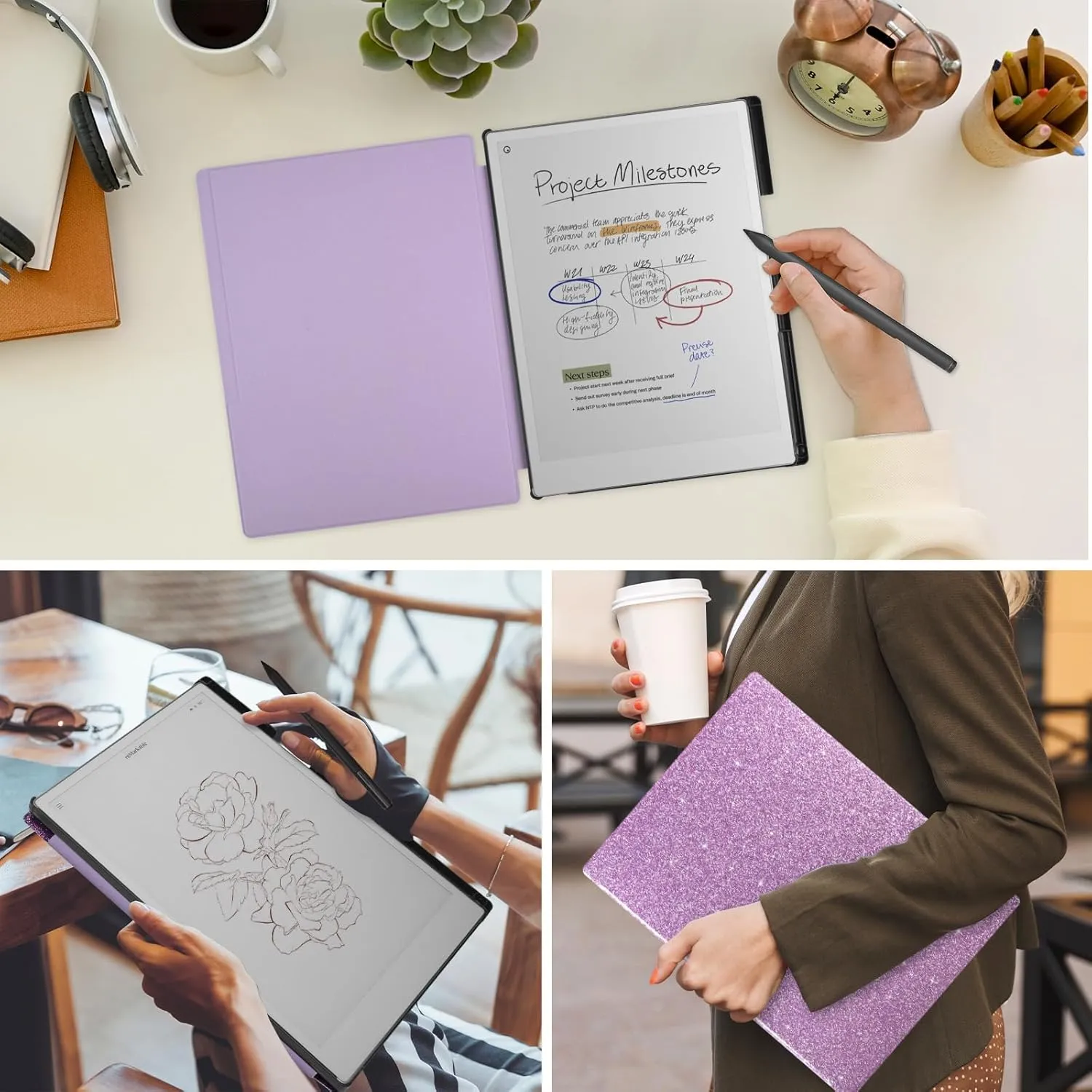 Caweet Case for Remarkable Paper Pro 11.8" 2024, Slim Hard Back Shell Protective Book Folio Cover with Built-in Pen Holder and Auto Wake/Sleep, Glitter Purple