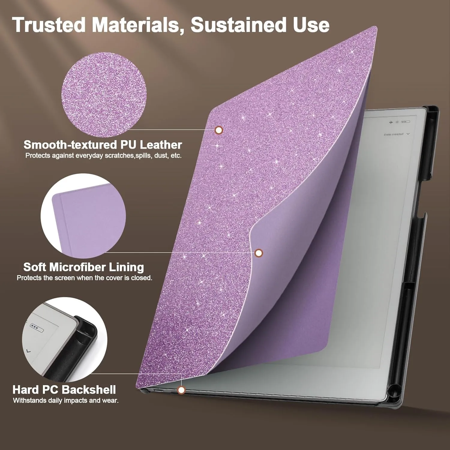 Caweet Case for Remarkable Paper Pro 11.8" 2024, Slim Hard Back Shell Protective Book Folio Cover with Built-in Pen Holder and Auto Wake/Sleep, Glitter Purple