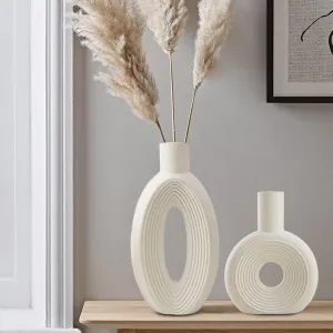 Ceramic Vase - Set of 2 for Home Decor,White Round Pampas Vases Minimalist Nordic Boho Style for Modern Farmhouse Decor, Living Room、 Kitchen、Mantle、Bedroom、Dining Table、Office