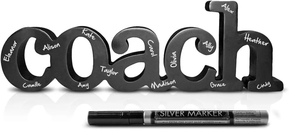 ChalkTalkSPORTS - Coach Wood Word Silver Pen | Wood Words | Coach Gift | Shelf Desk Decor | Ready to Autograph