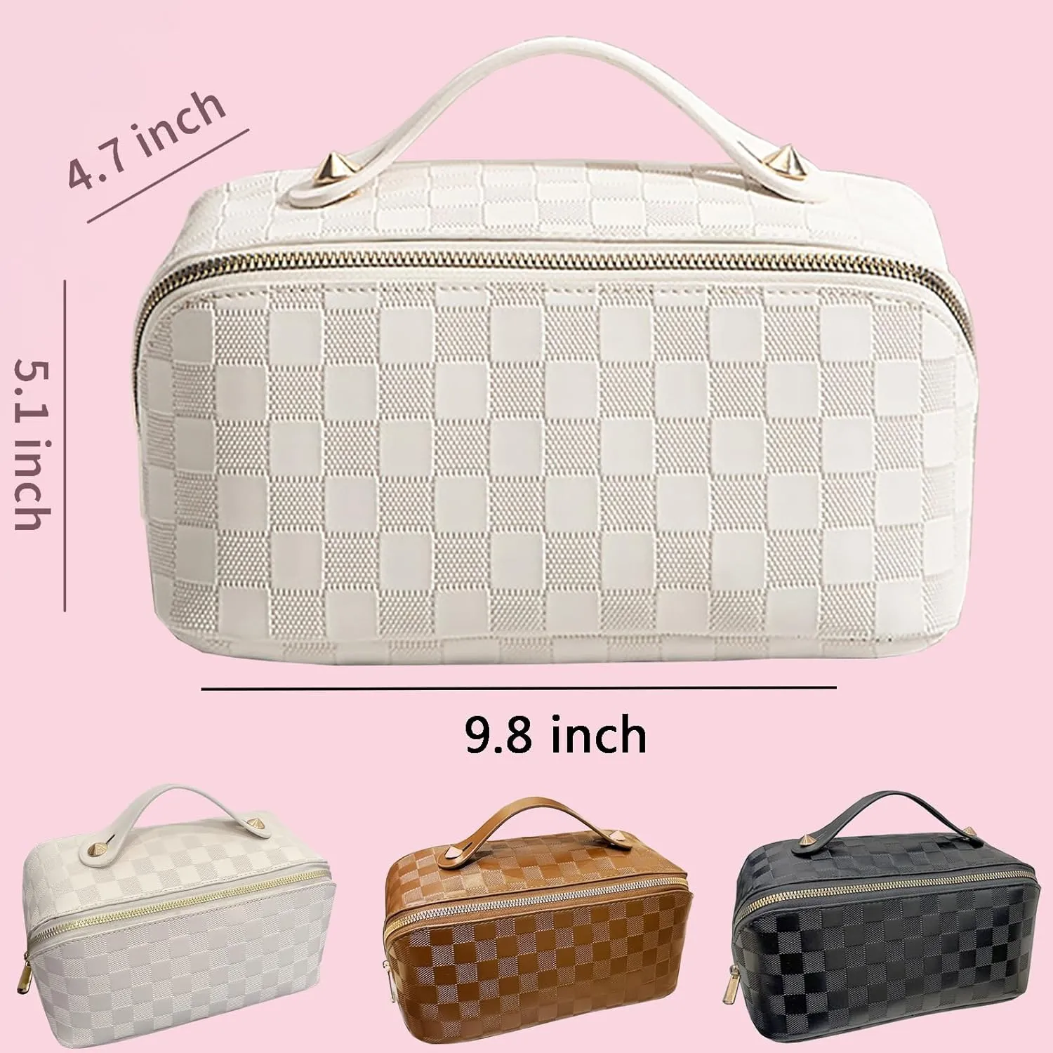 Checkered Makeup Bag Large Cosmetic Bag PU Leather Makeup Bag For Women Girls Travel Toiletry Bag With Handle Divider Large Opening Metal Zipper Cosmetic Bag (checkered white)