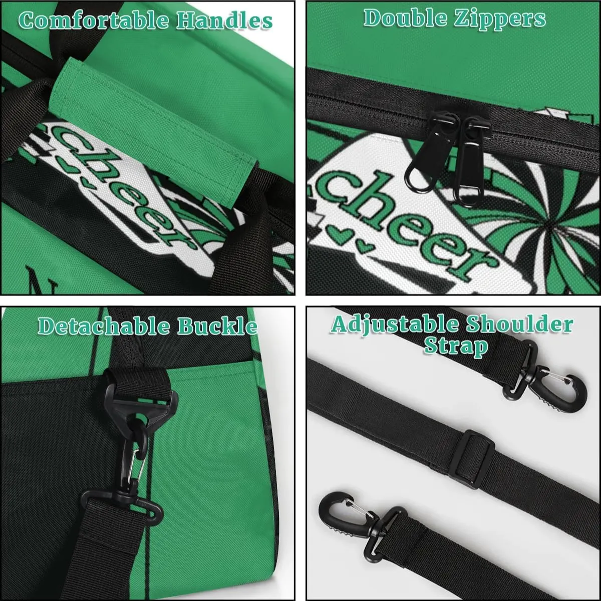 Cheer Green Black Personalized Duffle Bag for Kids Custom Dance Ballet Bag with Name Lightweight Travel Weekender Overnight Bags Sport Gym Duffel Bag Workout Carry On Tote for Girls Boys