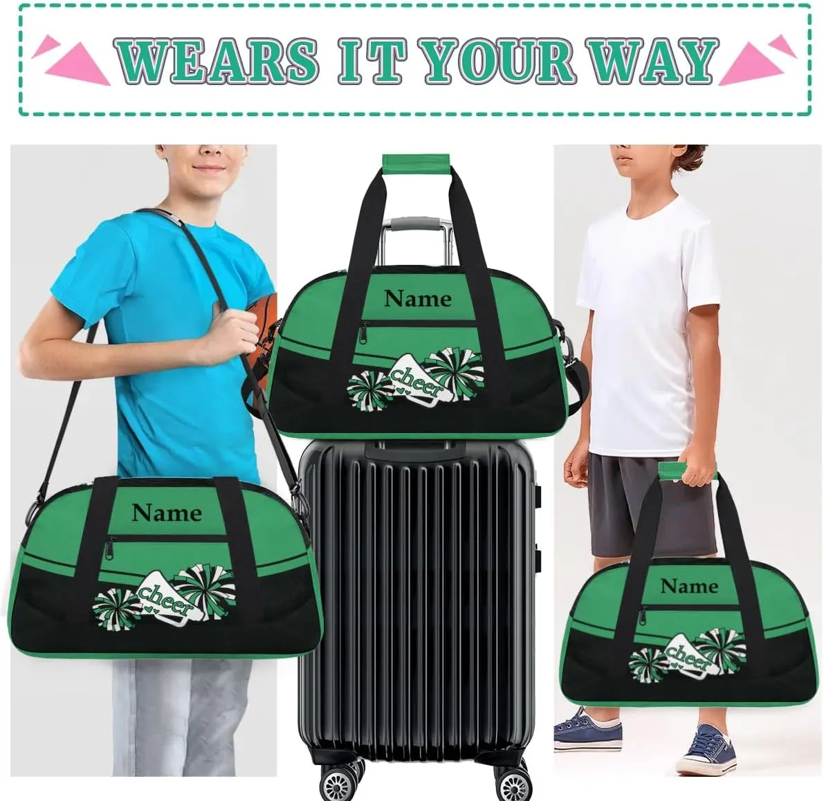 Cheer Green Black Personalized Duffle Bag for Kids Custom Dance Ballet Bag with Name Lightweight Travel Weekender Overnight Bags Sport Gym Duffel Bag Workout Carry On Tote for Girls Boys