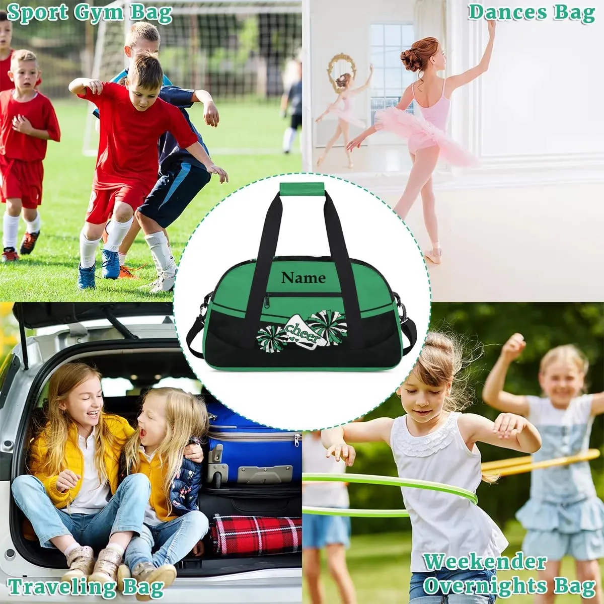 Cheer Green Black Personalized Duffle Bag for Kids Custom Dance Ballet Bag with Name Lightweight Travel Weekender Overnight Bags Sport Gym Duffel Bag Workout Carry On Tote for Girls Boys