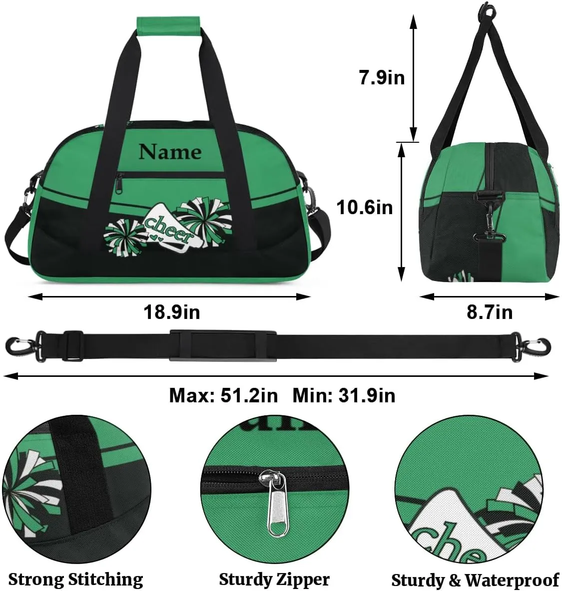 Cheer Green Black Personalized Duffle Bag for Kids Custom Dance Ballet Bag with Name Lightweight Travel Weekender Overnight Bags Sport Gym Duffel Bag Workout Carry On Tote for Girls Boys