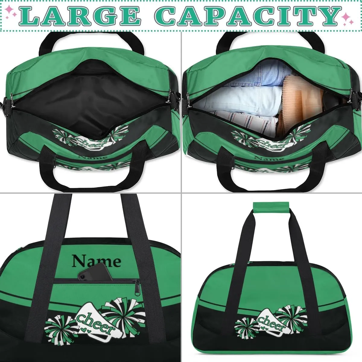 Cheer Green Black Personalized Duffle Bag for Kids Custom Dance Ballet Bag with Name Lightweight Travel Weekender Overnight Bags Sport Gym Duffel Bag Workout Carry On Tote for Girls Boys