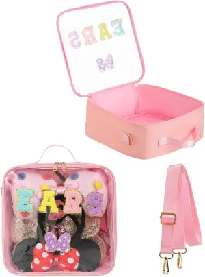 Chenille Letter Bow Mouse Ears Travel Case – Zippered Ear Headband Holder, Hair Accessory Organizer with Shoulder Straps for Women Girls Kids, Makeup Bag & Snack Bag for Travel Picnics
