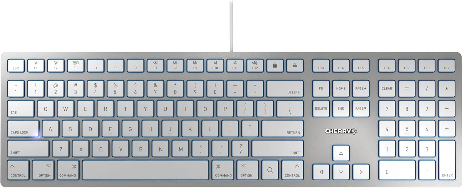 CHERRY KC 6000 Slim Keyboard Made with Mac Layout. with 12 Apple Specific Functions. Scissor Tech Typing for Near Silent. Alternative to Magic Keyboards. USB-A Wired. US Layout White and Silver.