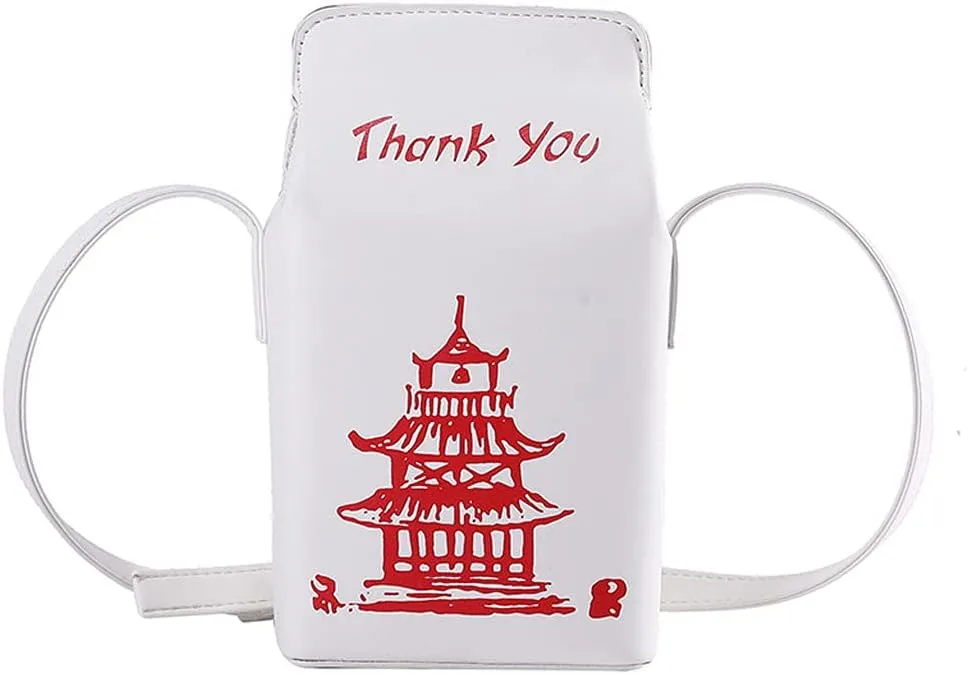 Chinese Tower Printing Box Shoulder Bags for Women Fashion Cartoon Crossbody Bag.White