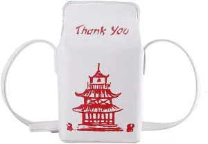 Chinese Tower Printing Box Shoulder Bags for Women Fashion Cartoon Crossbody Bag.White