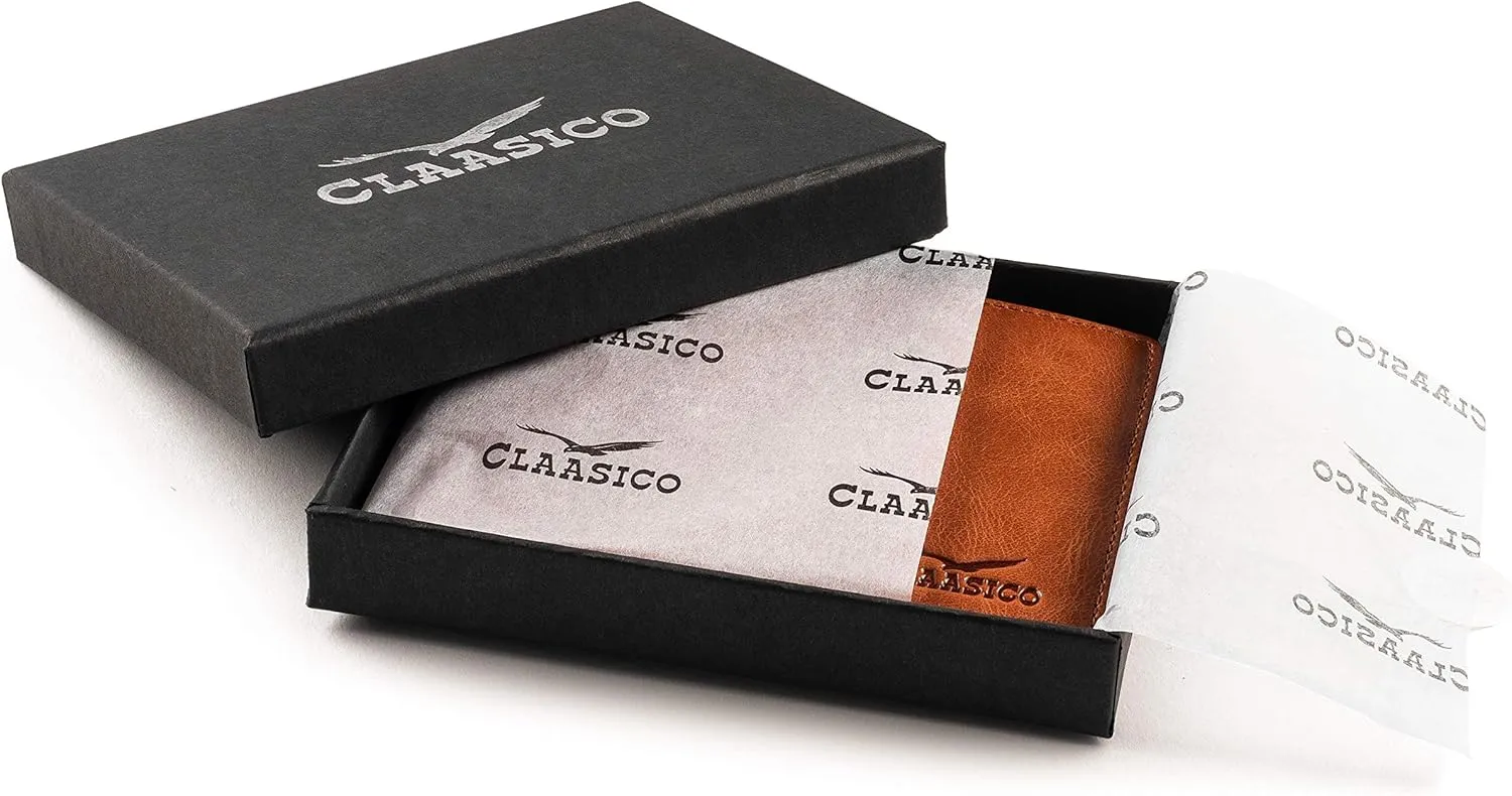 Claasico Men’s Bifold Wallet for Men – Genuine Leather RFID Wallet, Slim Billfold Cardholder w/ID Window – Gift Box Included