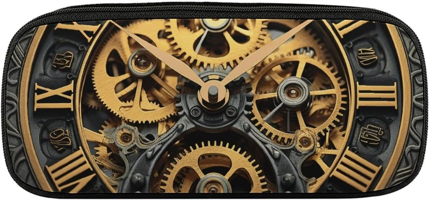 Clock Gear Large Pencil Bag Waterproof Cute Pen Case Travel Cosmetic Leather Makeup Bag Organizer Pen Holder for Men Women