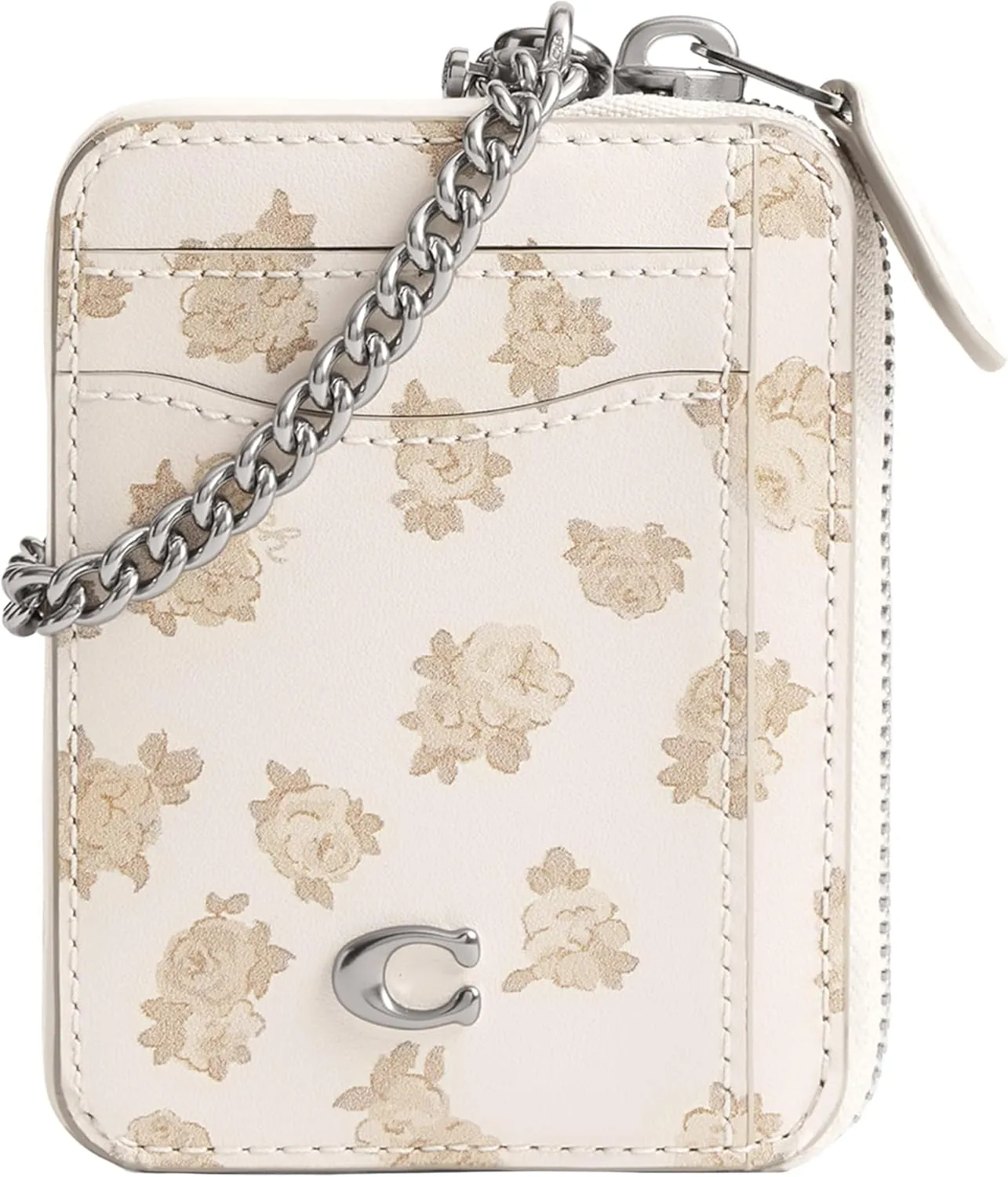 Coach Women's Essential Chain Card Case with Floral Print Accessory-Travel Wallet, LH/Chalk Multi