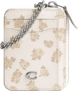Coach Women's Essential Chain Card Case with Floral Print Accessory-Travel Wallet, LH/Chalk Multi