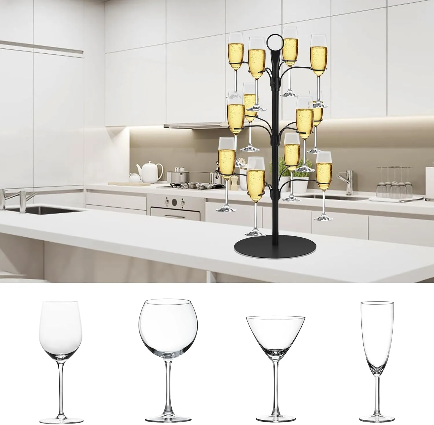Cocktail Tree Stand for Drinks Champagne Tower Wine Glasses Holder, 3 Tier 12 Holders, Bar Home Drinks Tree Display Suitable for Gin, Cocktails, Champagne, Wine, Black