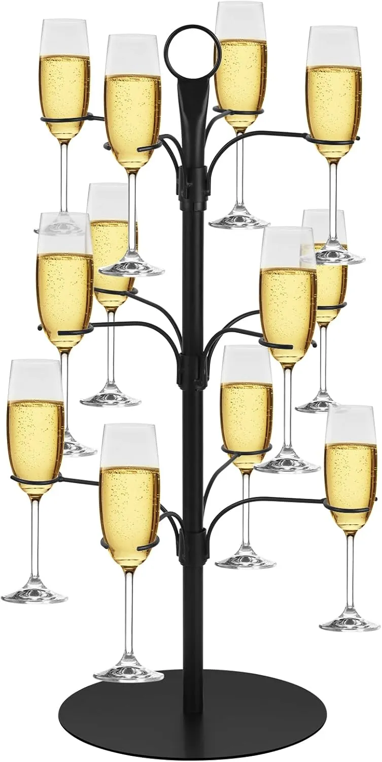 Cocktail Tree Stand for Drinks Champagne Tower Wine Glasses Holder, 3 Tier 12 Holders, Bar Home Drinks Tree Display Suitable for Gin, Cocktails, Champagne, Wine, Black
