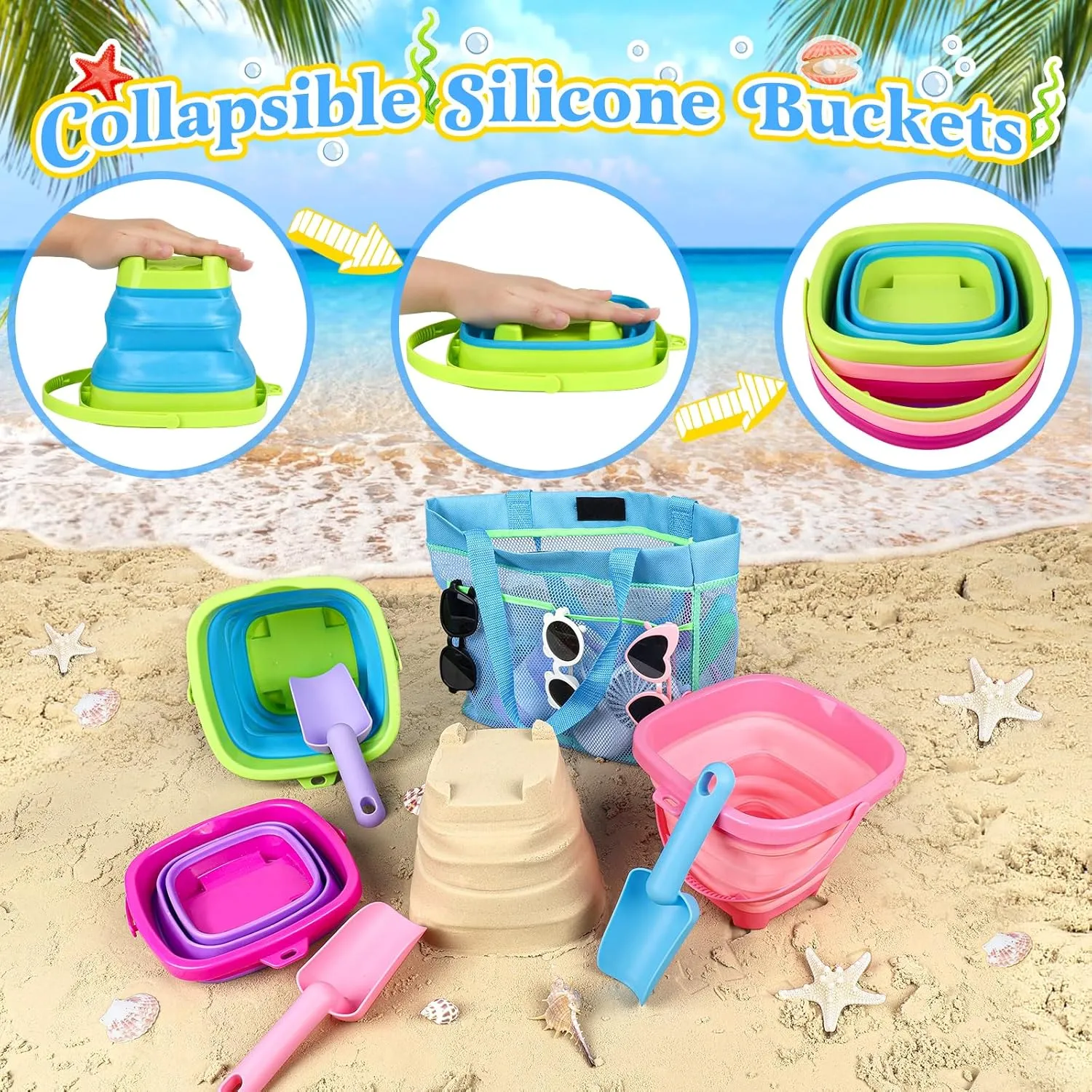 Collapsible Beach Buckets for Kids, Foldable Sand Buckets and Shovels with Mesh Bag, Silicone Sand Pails Travel Beach Toys for Toddlers Easter Egg Hunt, Camping and Fishing Water Pail