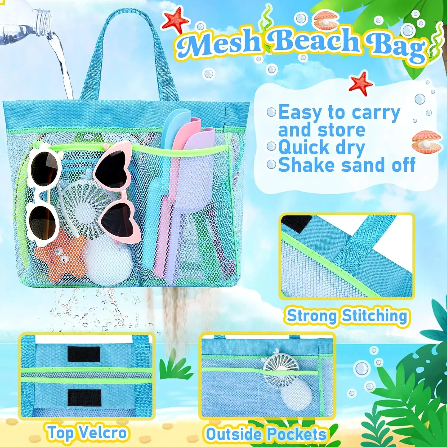 Collapsible Beach Buckets for Kids, Foldable Sand Buckets and Shovels with Mesh Bag, Silicone Sand Pails Travel Beach Toys for Toddlers Easter Egg Hunt, Camping and Fishing Water Pail