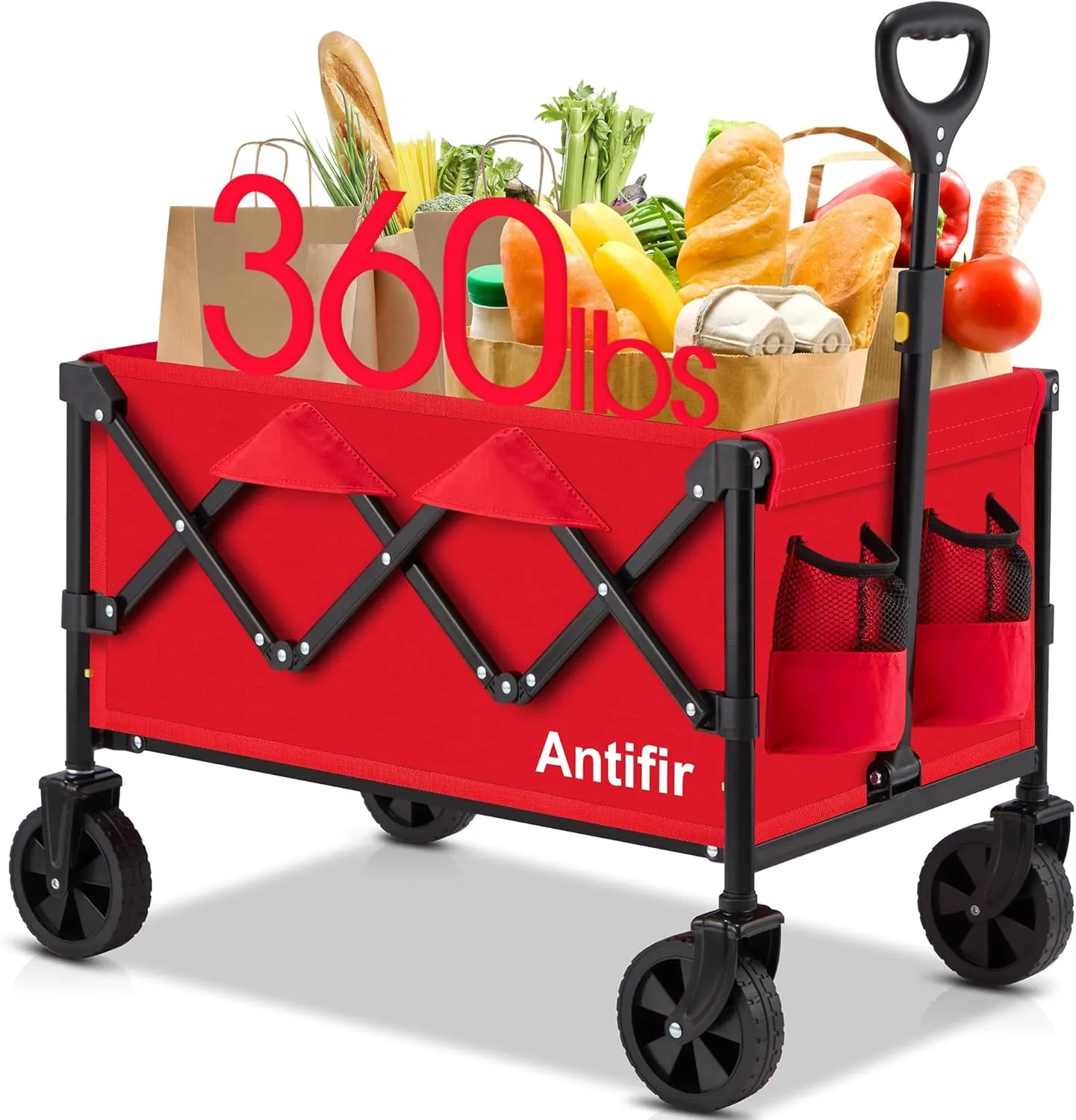 Collapsible Foldable Wagon with Wheels 360 LBS,Heavy Duty Folding Utility Cart for Groceries,Shopping,Garden,Camping,Outdoor,2 Drink Holders,Red