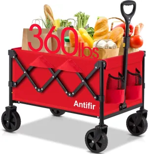 Collapsible Foldable Wagon with Wheels 360 LBS,Heavy Duty Folding Utility Cart for Groceries,Shopping,Garden,Camping,Outdoor,2 Drink Holders,Red