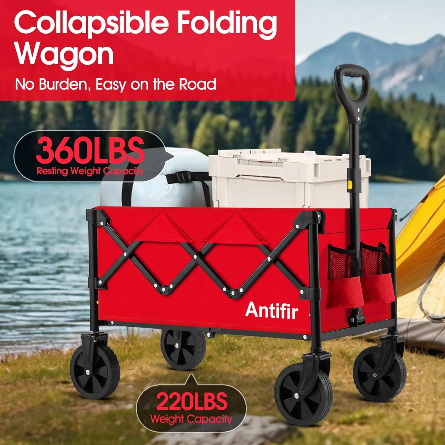 Collapsible Foldable Wagon with Wheels 360 LBS,Heavy Duty Folding Utility Cart for Groceries,Shopping,Garden,Camping,Outdoor,2 Drink Holders,Red