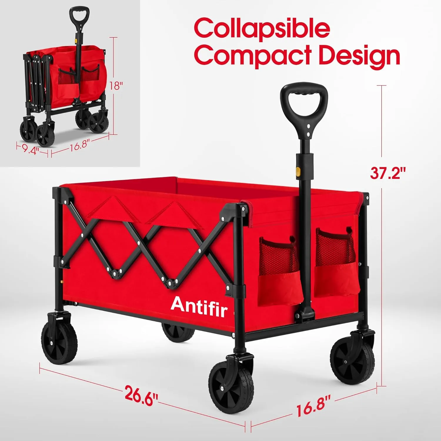 Collapsible Foldable Wagon with Wheels 360 LBS,Heavy Duty Folding Utility Cart for Groceries,Shopping,Garden,Camping,Outdoor,2 Drink Holders,Red
