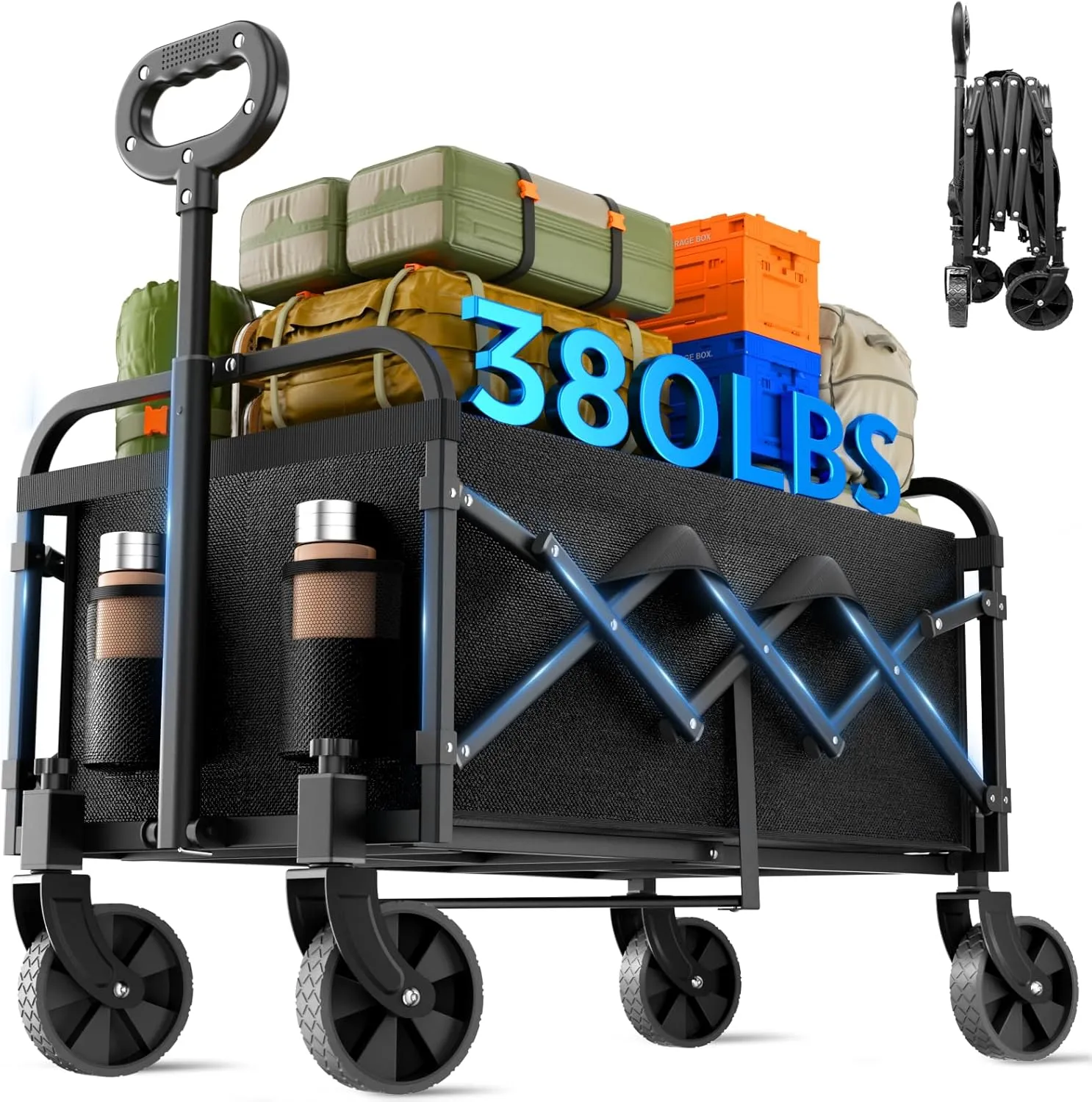 Collapsible Wagon 380 lbs, Heavy Duty Wagons Carts Foldable, Shopping Cart with All-Terrain Wheels & 2 Drink Holders, Weatherproof, Wagon Cart for Home, Outdoor,Beach,Camping, Sports, Black