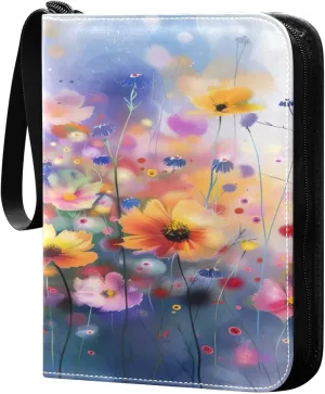 Colorful Abstract Flowers Card Binder 4-Pocket, 400 Pockets PU Waterproof Zippered Collector Card Album with 50 Removable Sleeves for Trading, Game Cards