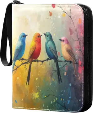 Colorful Birds Card Binder 4-Pocket, 400 Pockets PU Waterproof Zippered Collector Card Album with 50 Removable Sleeves for Trading, Game Cards