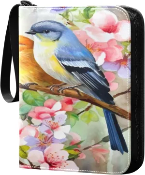 Colorful Birds Flowers Card Binder 4-Pocket, 400 Pockets Trading Cards Holder Games Card Albums Storage Organizer Case for Football, Baseball Cards