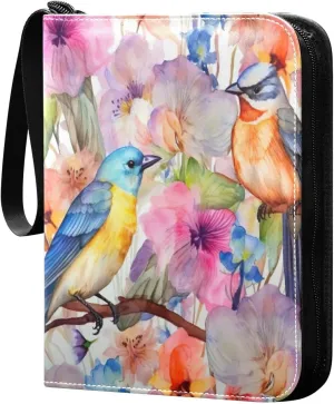 Colorful Birds Flowers Card Binder 4-Pocket Leather Cover 400 Pockets Card Album Holder Removable Display Storage for Trading Cards, Game Cards, Collectibles