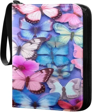 Colorful Butterflies Card Binder 4-Pocket, 400 Pockets PU Waterproof Zippered Collector Card Album with 50 Removable Sleeves for Trading, Game Cards