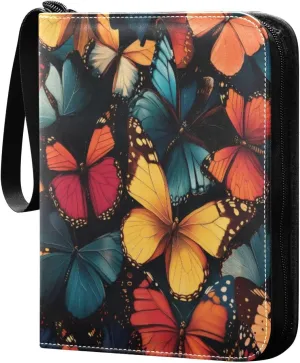Colorful Butterflies Card Binder 4-Pocket, 400 Pockets PU Waterproof Zippered Collector Card Album with 50 Removable Sleeves for Trading, Game Cards
