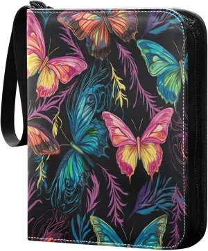Colorful Butterflies Card Binder 4-Pocket, 400 Pockets PU Waterproof Zippered Collector Card Album with 50 Removable Sleeves for Trading, Game Cards