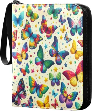 Colorful Butterflies Card Binder 4-Pocket, 400 Pockets PU Waterproof Zippered Collector Card Album with 50 Removable Sleeves for Trading, Game Cards