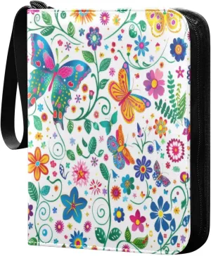 Colorful Butterfly Card Binder 4-Pocket, 400 Pockets Card Holder with 50 Removable Sleeves and Zipper for Games Baseball Football Sports Card