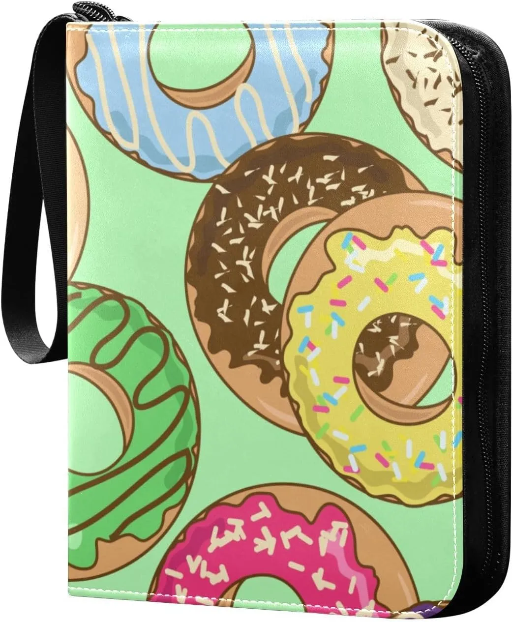 Colorful Donuts on Green Card Binder 400 Pockets 3 Ring Trading Card Album with PU Leather Cover and Zipper