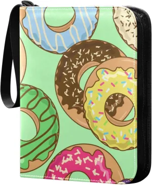 Colorful Donuts on Green Card Binder 400 Pockets 3 Ring Trading Card Album with PU Leather Cover and Zipper