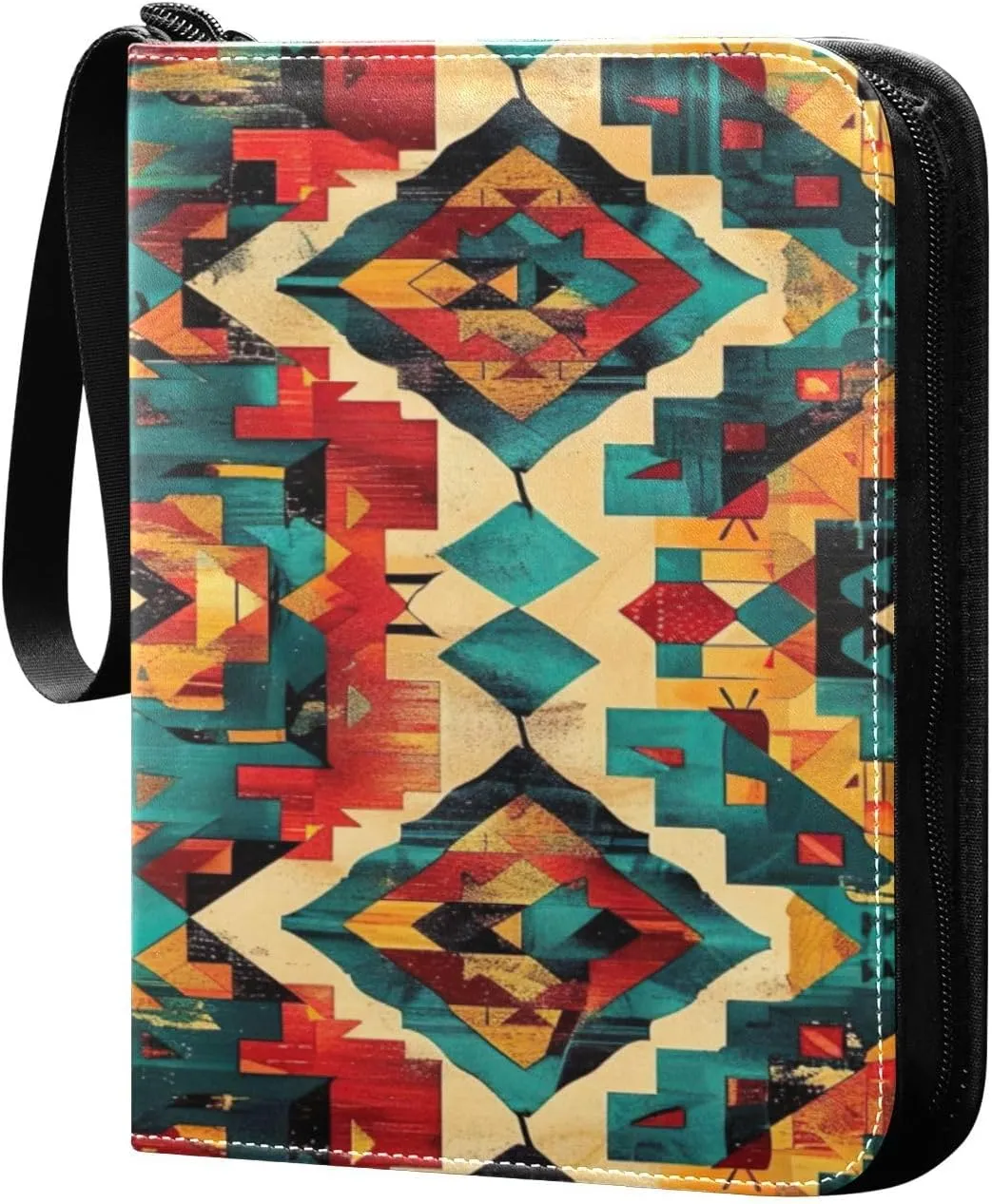 Colorful Ethnic Geometric Card Binder 4-Pocket, 400 Pockets PU Waterproof Zippered Collector Card Album with 50 Removable Sleeves for Trading, Game Cards