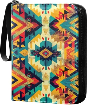 Colorful Ethnic Geometric Card Binder 4-Pocket, 400 Pockets PU Waterproof Zippered Collector Card Album with 50 Removable Sleeves for Trading, Game Cards