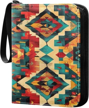 Colorful Ethnic Geometric Card Binder 4-Pocket, 400 Pockets PU Waterproof Zippered Collector Card Album with 50 Removable Sleeves for Trading, Game Cards