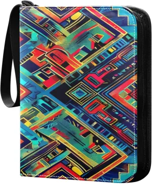 Colorful Ethnic Geometry Card Binder 4-Pocket, 400 Pockets PU Waterproof Zippered Collector Card Album with 50 Removable Sleeves for Trading, Game Cards