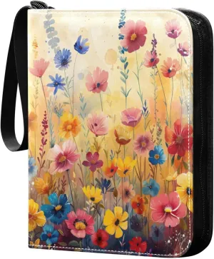 Colorful Flowers Card Binder 4-Pocket, 400 Pockets Card Holder with 50 Removable Sleeves and Zipper for Games Baseball Football Sports Card