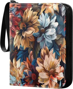 Colorful Flowers Card Binder 4-Pocket, 400 Pockets PU Waterproof Zippered Collector Card Album with 50 Removable Sleeves for Trading, Game Cards