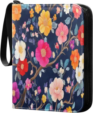 Colorful Flowers Card Binder 4-Pocket, 400 Pockets PU Waterproof Zippered Collector Card Album with 50 Removable Sleeves for Trading, Game Cards