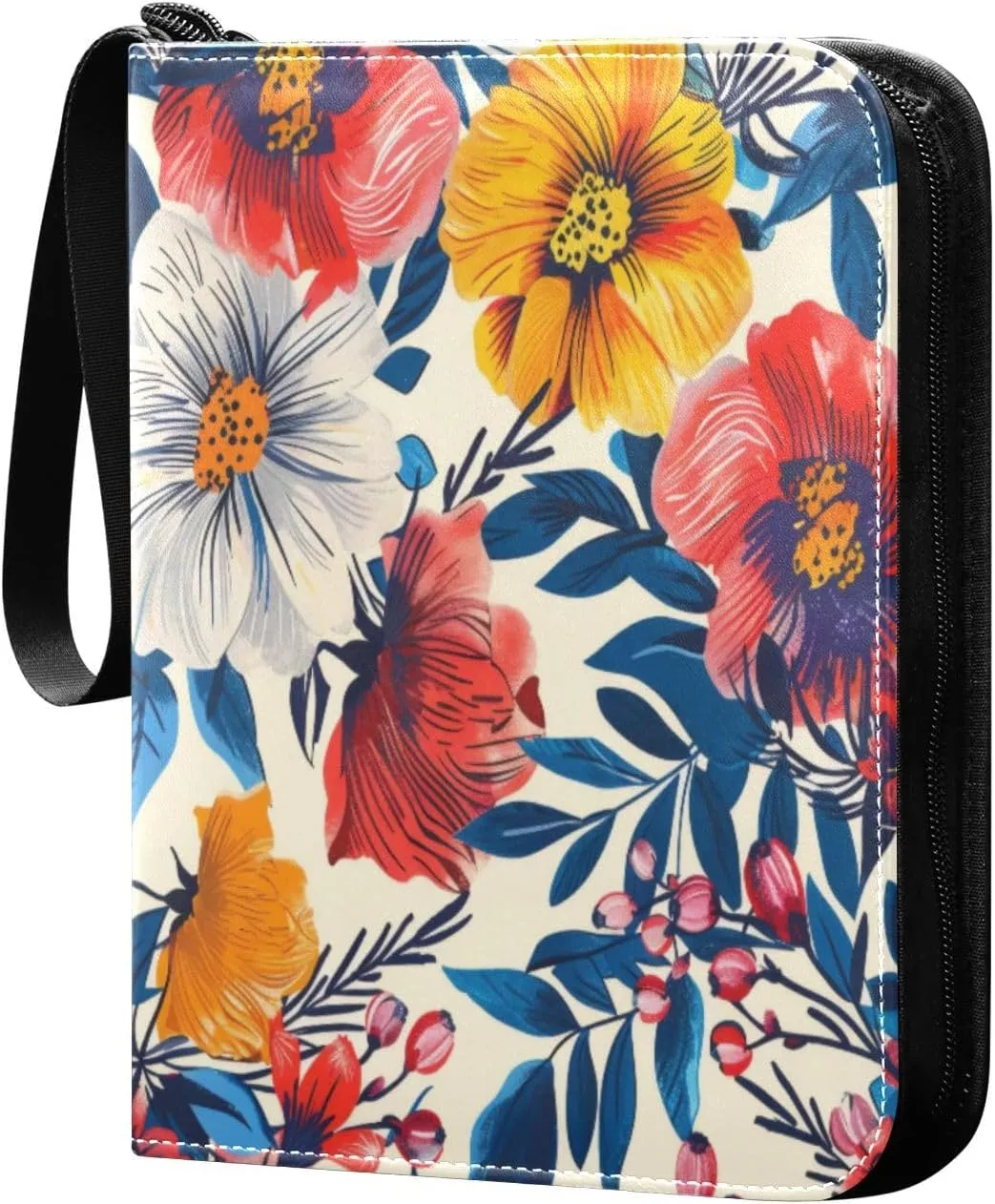 Colorful Flowers Card Binder 4-Pocket, 400 Pockets PU Waterproof Zippered Collector Card Album with 50 Removable Sleeves for Trading, Game Cards