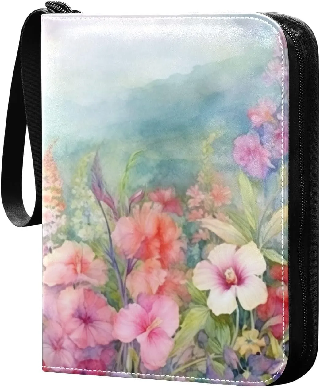 Colorful Flowers Card Binder 4-Pocket, 400 Pockets PU Waterproof Zippered Collector Card Album with 50 Removable Sleeves for Trading, Game Cards