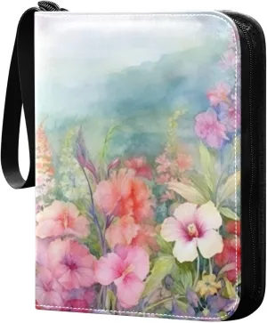 Colorful Flowers Card Binder 4-Pocket, 400 Pockets PU Waterproof Zippered Collector Card Album with 50 Removable Sleeves for Trading, Game Cards